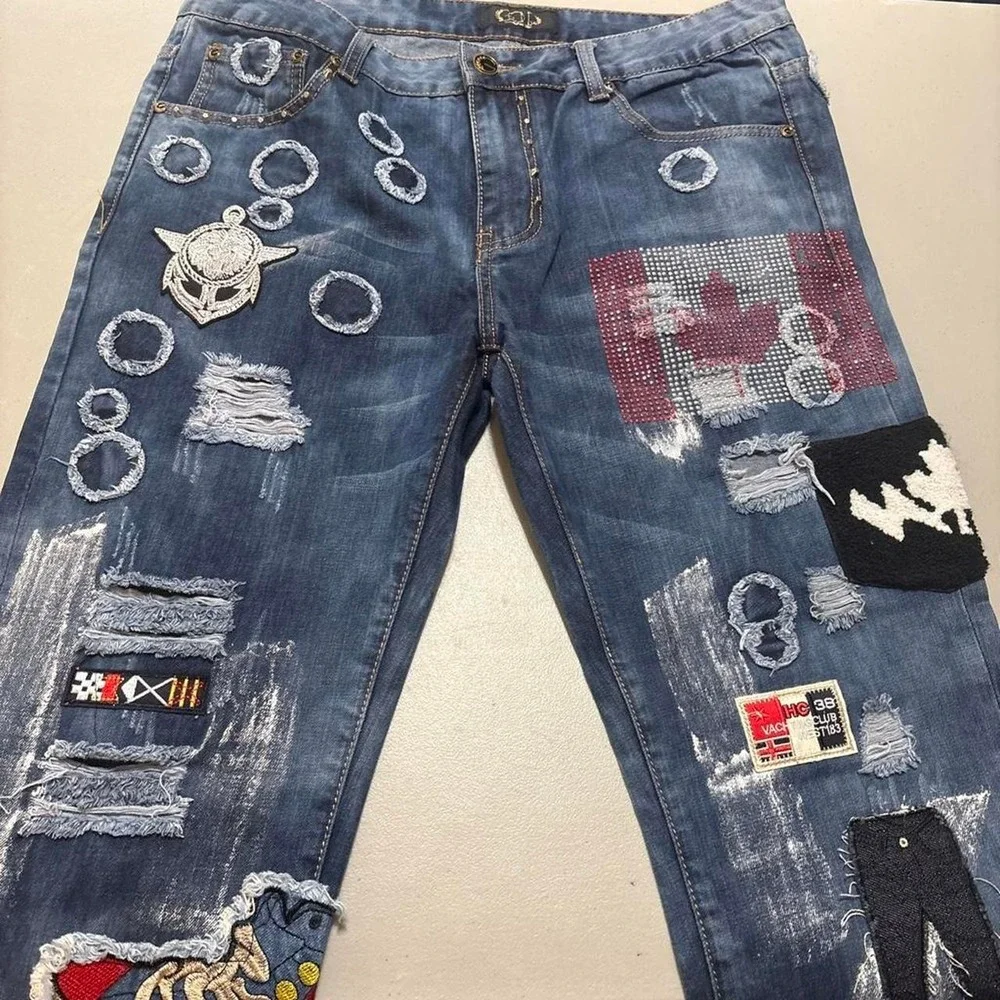 Gold Leaf Jeans Mens 36X32 Blue Selvedge Distressed Paint Splatter Heavy Patches
